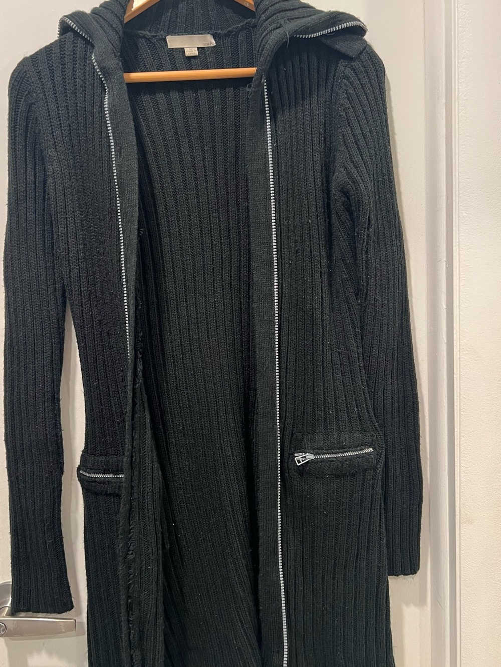 One A Black Hooded Ribbed Long Cardigan with Zip Pockets